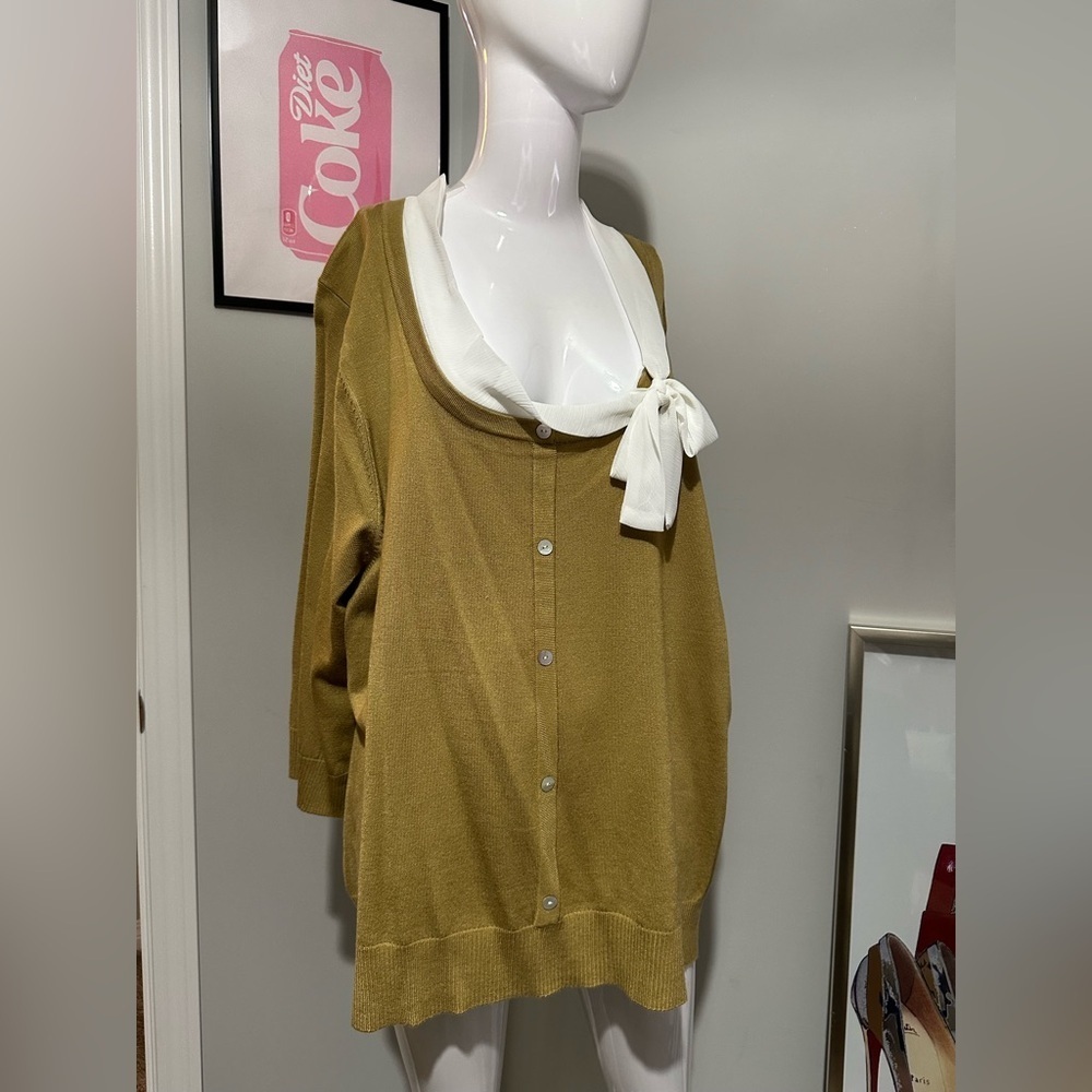 Lennie for Nina Leonard Olive Knit Cardigan Top with Tie Neck – Size 3X (New)